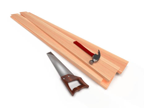 Wooden boards, hacksaw and hammer, 3D rendering png