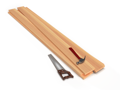 Wooden boards, hacksaw and hammer, 3D rendering png