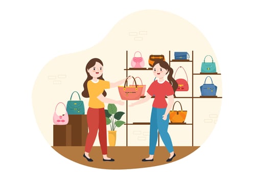Handbag Store with Collection of Various Quality Bags and Different Types of Lifestyle in Flat Hand Drawn Cartoon Template Illustration vector