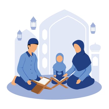muslim family reading quran together. the parent is teaching their daughter vector