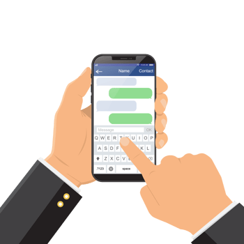 Chat message on the smartphone screen. Hand holds the smartphone, finger touches screen png