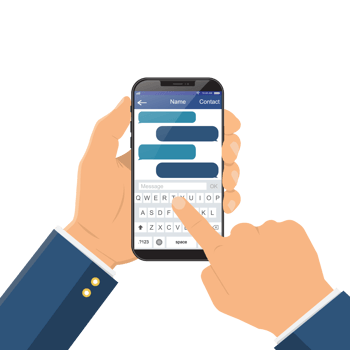 Chat message on the smartphone screen. Hand holds the smartphone, finger touches screen png