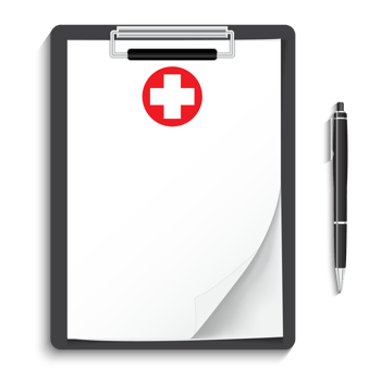 Clipboard with medical cross and pen. Clinical record, prescription, claim, medical check marks report, health insurance.1 png
