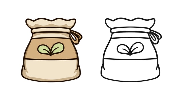 Burlap sack bag of seeds cute cartoon outline line art illustration. Gardening farming agriculture coloring book page activity worksheet for kids vector