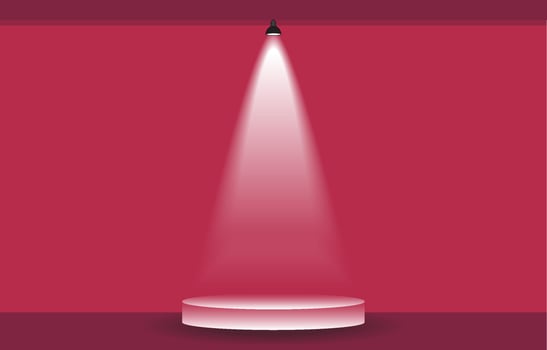 Spotlights on stage or Abstract round podium red grunge background. Award ceremony concept. Stage backdrop. Flat cartoon Vector illustration