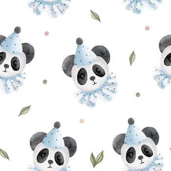 Watercolor vector Baby shower seamless pattern plush toy panda. Blue toys and green leaves.