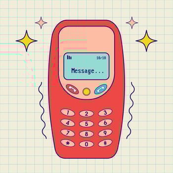 Y2k old mobile in retro cartoon style. Old-fashioned red mobile phone on a checkered paper background. Groovy print for graphic tee, square poster, bullet journal cover, card. Nostalgia for 90s. vector