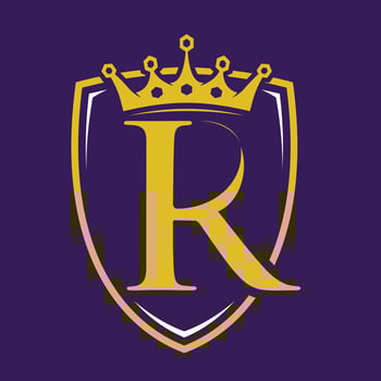 Simple gold letter R logo with a crown inside a shield vector
