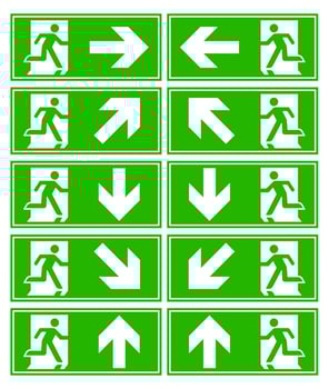 emergency exit sign set bundle silhouette man running on the door arrow icon green color collection vector