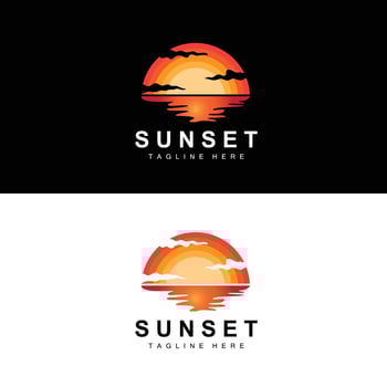 Sunset Beach Logo Design, Seascape Illustration, Red Day Vacation Spot Vector