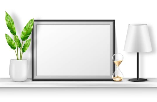Empty photo frame stand on white shelf with plant vector