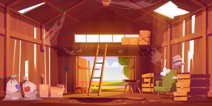 Abandoned barn interior with broken furniture vector
