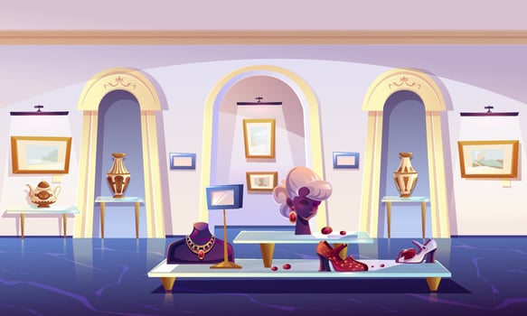 Museum installation, luxury items exhibition. vector