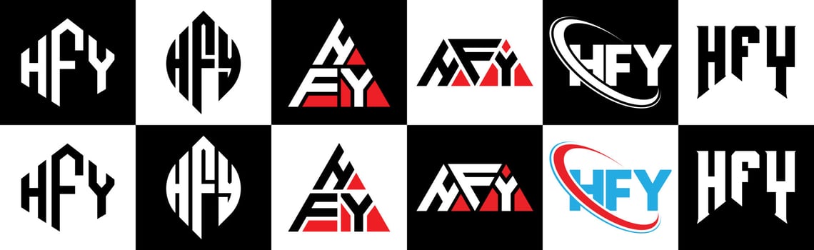 HFY letter logo design in six style. HFY polygon, circle, triangle, hexagon, flat and simple style with black and white color variation letter logo set in one artboard. HFY minimalist and classic logo vector