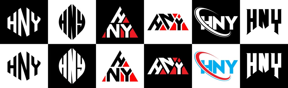 HNY letter logo design in six style. HNY polygon, circle, triangle, hexagon, flat and simple style with black and white color variation letter logo set in one artboard. HNY minimalist and classic logo vector