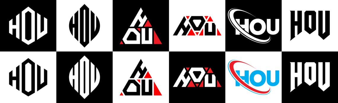 HOU letter logo design in six style. HOU polygon, circle, triangle, hexagon, flat and simple style with black and white color variation letter logo set in one artboard. HOU minimalist and classic logo vector