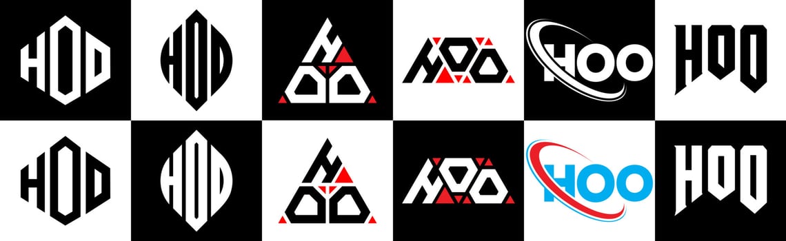 HOO letter logo design in six style. HOO polygon, circle, triangle, hexagon, flat and simple style with black and white color variation letter logo set in one artboard. HOO minimalist and classic logo vector