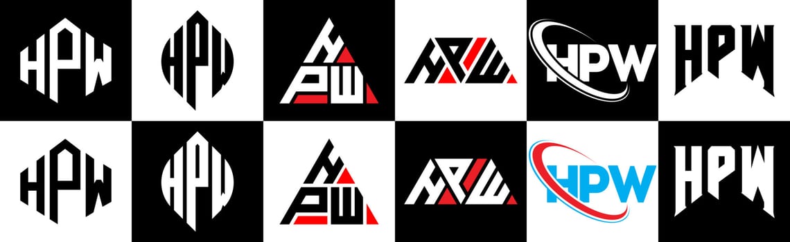 HPW letter logo design in six style. HPW polygon, circle, triangle, hexagon, flat and simple style with black and white color variation letter logo set in one artboard. HPW minimalist and classic logo vector