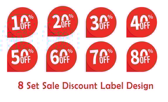 Sale tags set vector badges template with percent sale label symbol, 10, 20, 30, 40, 50, 60, 70, 80 percent off label symbols design, Discount labels.
