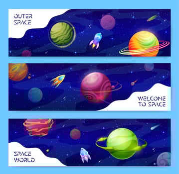 Space landscape banners, starry galaxy planets vector