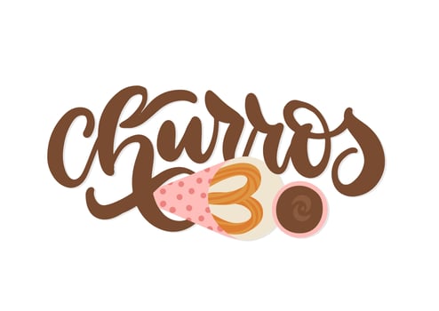 Churros - lettering concept with churros sticks in paper bag. Vector hand drawn flat typography illsutration. heart shape dessert for Valentines day card.