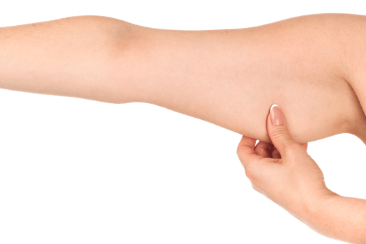 Woman holding her hand with excess fat, isolated png