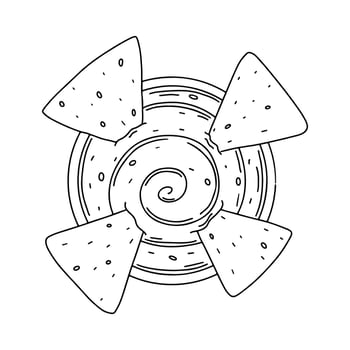 Nachos Mexican corn chips with salsa dip in hand drawn doodle style. Top view. Vector illustration for restaurant menu, label, banner.
