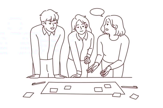 Businesspeople brainstorm at office meeting discuss business ideas with sticky notes together. Smiling employees or colleagues engaged in teamwork activity. Vector illustration.