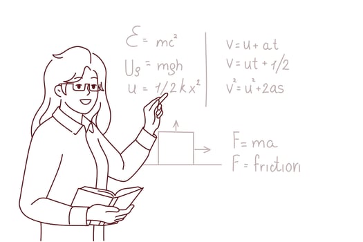 Smiling female teacher standing near black board talking at lesson in school. Happy woman tutor lead math class for pupils. Education. Vector illustration.