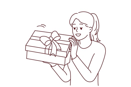 Excited young woman open wrapped present celebrating birthday. Smiling girl unpack gift box with bow. Celebration and party. Vector illustration.