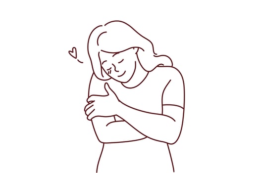 Happy young woman hugging herself show self-love and care. Smiling girl embrace body feeling secure and body positive. Vector illustration.