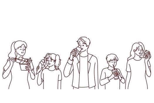 Diverse people eating different food. Happy adults and children enjoy tasty products. Nutrition and diet. Vector illustration.