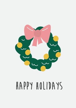 Hand drawn Christmas wreath doodle icon. Vector illustration isolated on grey background. Holiday card template with happy holidays text