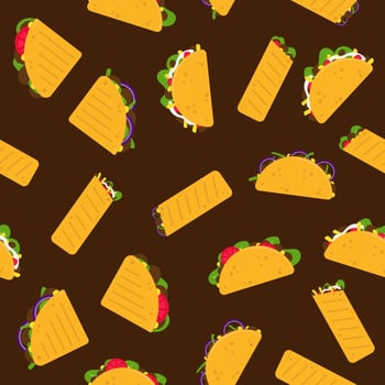 Mexican food. Tacos, quesadillas and burritos - seamless pattern on brown background. Mexican snack. Pattern for wrapping, textile, design vector