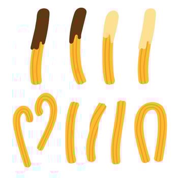 Set of churros with chocolate and cream sauce. Mexican snack. Hand drawn vector illustration. Churros sticks, different shapes on white.
