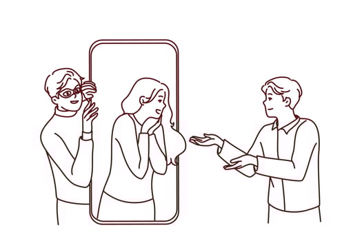 People talking online on dating app on smartphone with hacker steal personal data. Man and woman chat on web application on cellphone. Vector illustration.