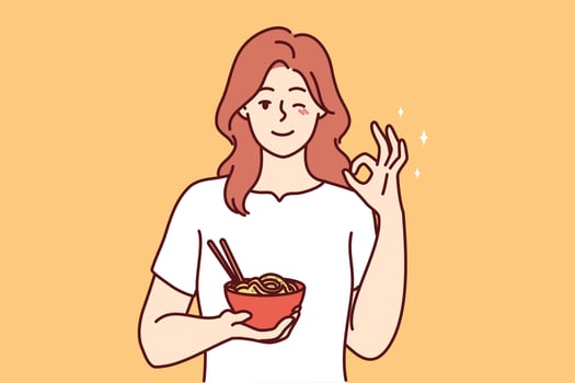 Smiling young woman eating Asian food show all right hand gesture. Happy girl enjoy noodles recommend restaurant. Recommendation. Vector illustration.