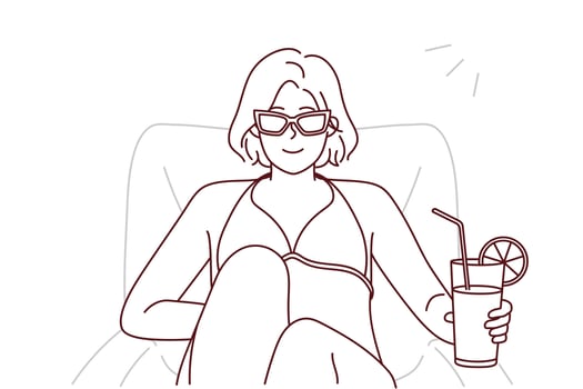 Woman in bikini and sunglasses drink cocktail enjoy summertime on beach. Happy girl in swimsuit enjoy summer vacation on seashore. Vector illustration.