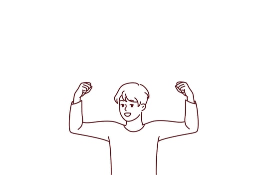 Smiling boy child show muscles dream of becoming big and strong. Happy kid imagine himself feeling strong and powerful. Vector illustration.