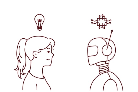 Young woman with lightbulb above head and robot exchange thoughts generate ideas. Concept of artificial intelligence and human intellect. Vector illustration.