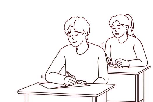 Smiling students sit at desk writing in notebooks on lesson in school. Happy pupils handwriting at class. Education and learning. Vector illustration.