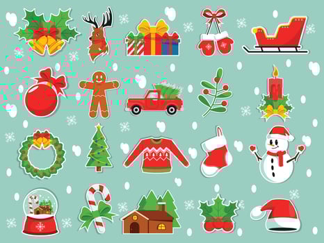 Vector set of Flat Christmas Ornaments. Flat cartoon Sticker illustration