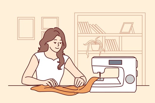 Happy young woman sit at table sew on machine at home. Smiling female seamstress or dressmaker working creating clothes. Hobby concept. Vector illustration.