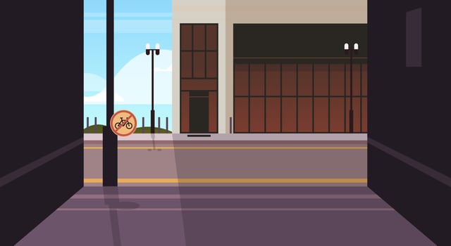 City street and no people urban street buildings city houses exterior cityscape background flat vector illustration.