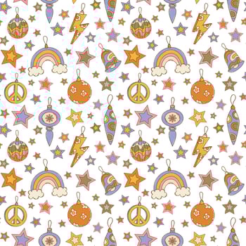 Hippie Christmas groovy seamless pattern with cartoon christmas tree toys on white background in retro style 1960s - 1970s vector