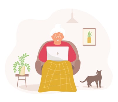An elderly lady is sitting in an armchair with a laptop in her hands and a cat. The old woman works, communicates online from home. Vector graphics.