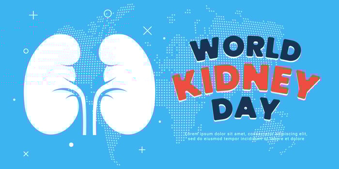 World kidney day horizontal poster. International human healthy kidneys care celebration placard. Genitourinary system internal organ holiday banner. Urology insides sign on Earth map background. Eps vector