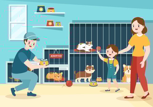 Adopt a Pet From an Animal Shelter in the Form of Cats or Dogs to Care for and Look After in Flat Cartoon Hand Drawn Templates Illustration vector