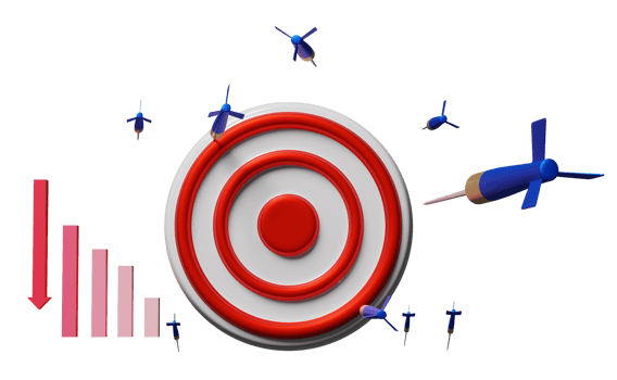 White red target with darts or arrow, bar graph isolated. miss the target, overshoot concept, 3d illustration or 3d render png