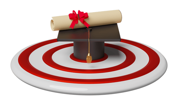white red target and graduation hat or mortarboard isolated. achieve goals and success concept, 3d illustration or 3d render png